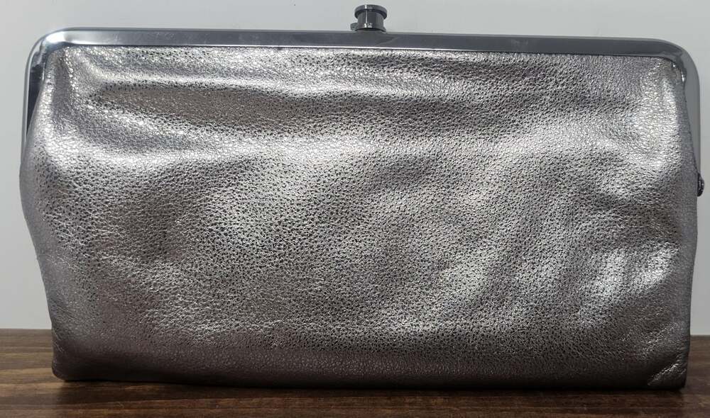 Hobo International Lauren Wallet Clutch Double Frame Metallic Silver Leather